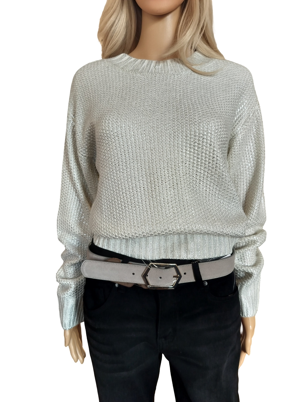 Light Silver Coated Shine Crewneck Knit White Sweater Size S NWT